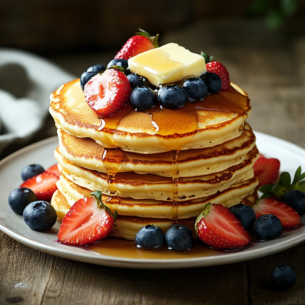 Golden pancakes with fresh fruit and syrup on a rustic table.