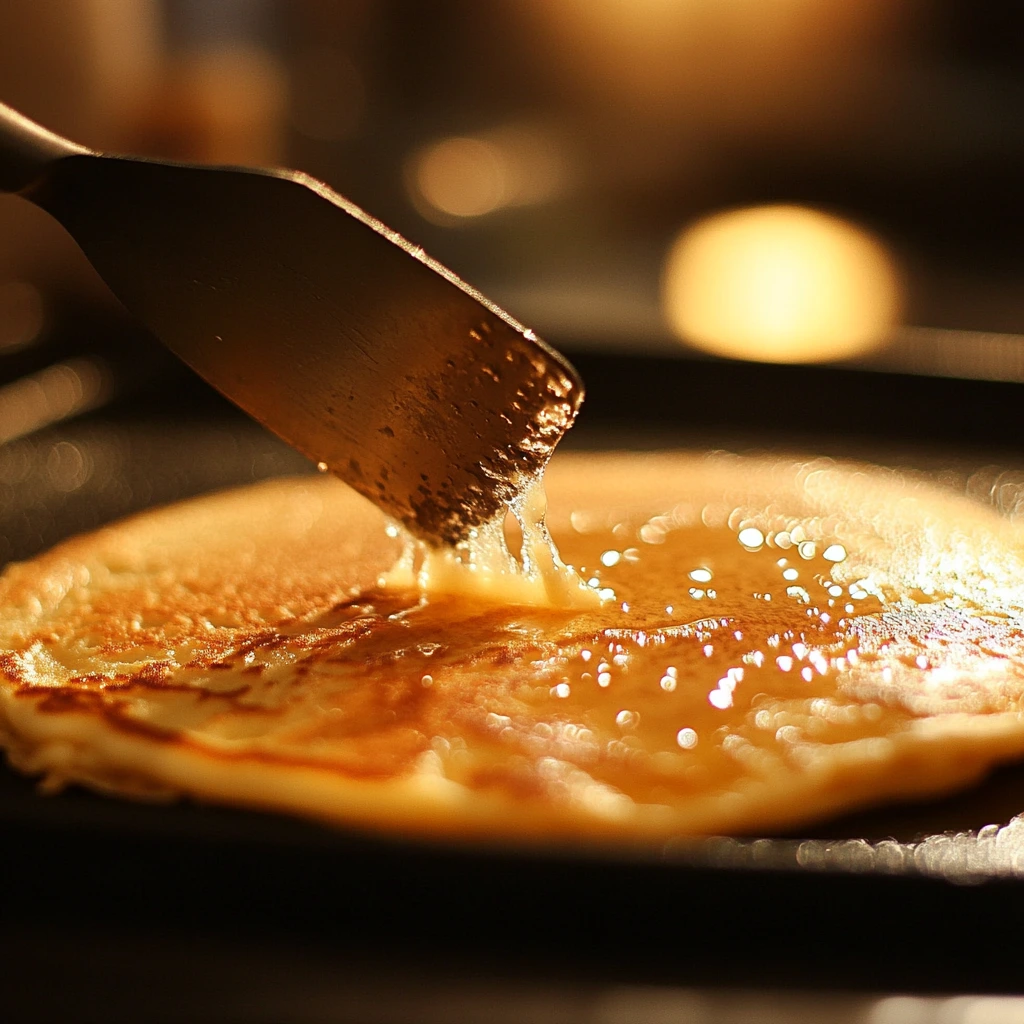 Golden pancake on a griddle with bubbles forming on the surface.