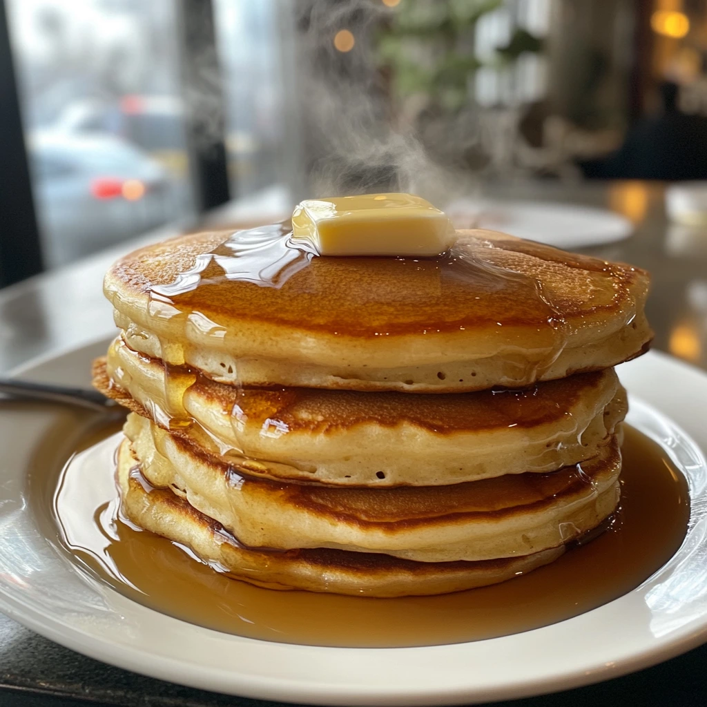 Freshly made pancakes topped with butter and syrup