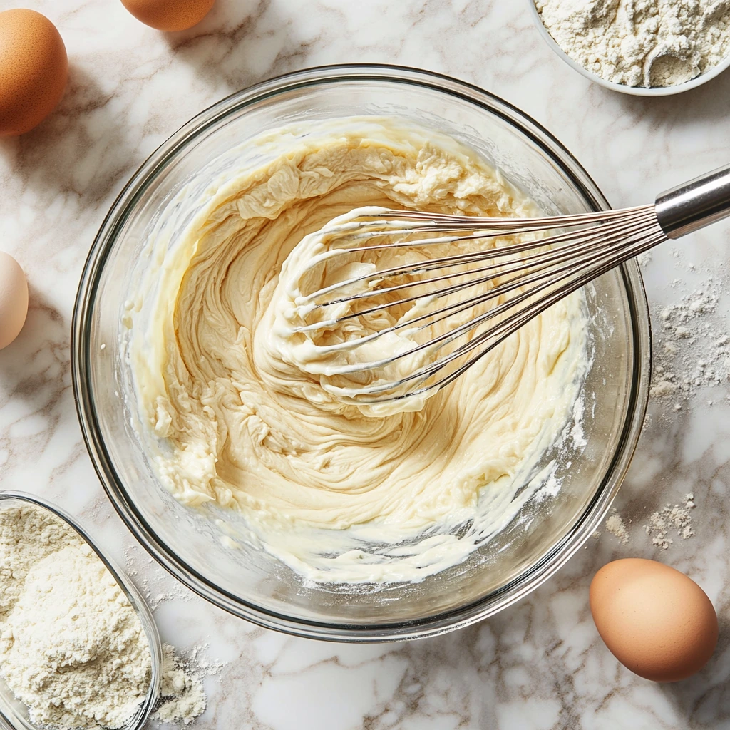 Whisking pancake batter in a glass bowl with surrounding ingredients