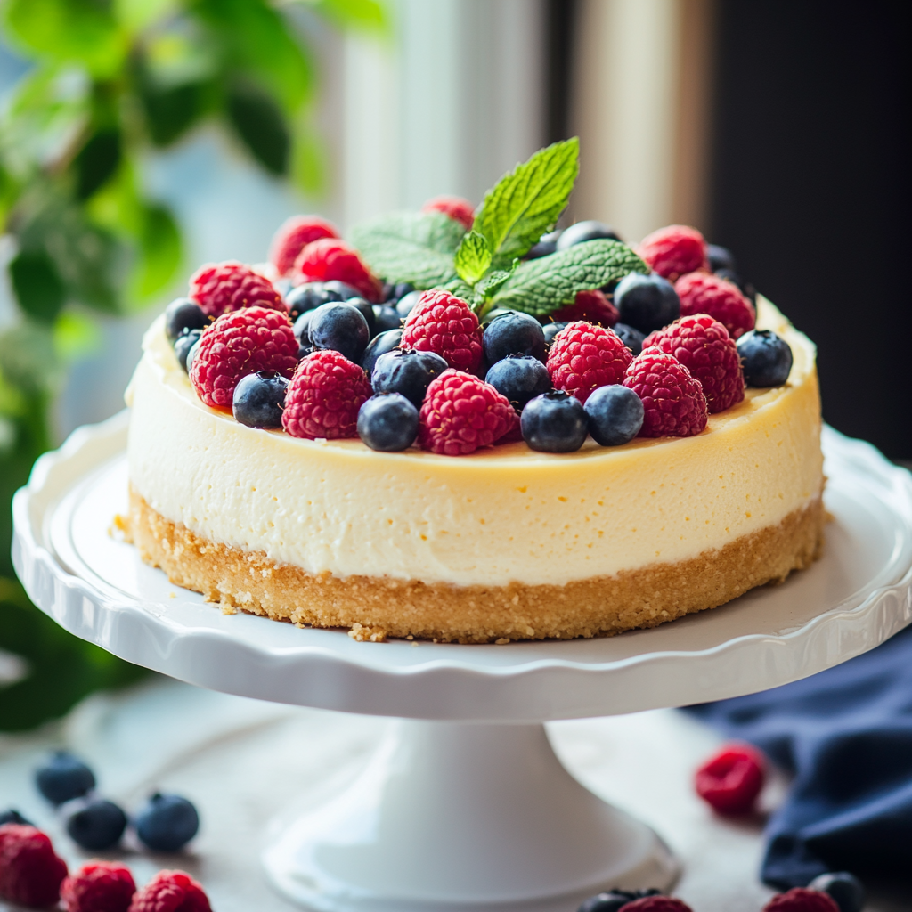 A cheesecake with a berry garnish on a cake stand.