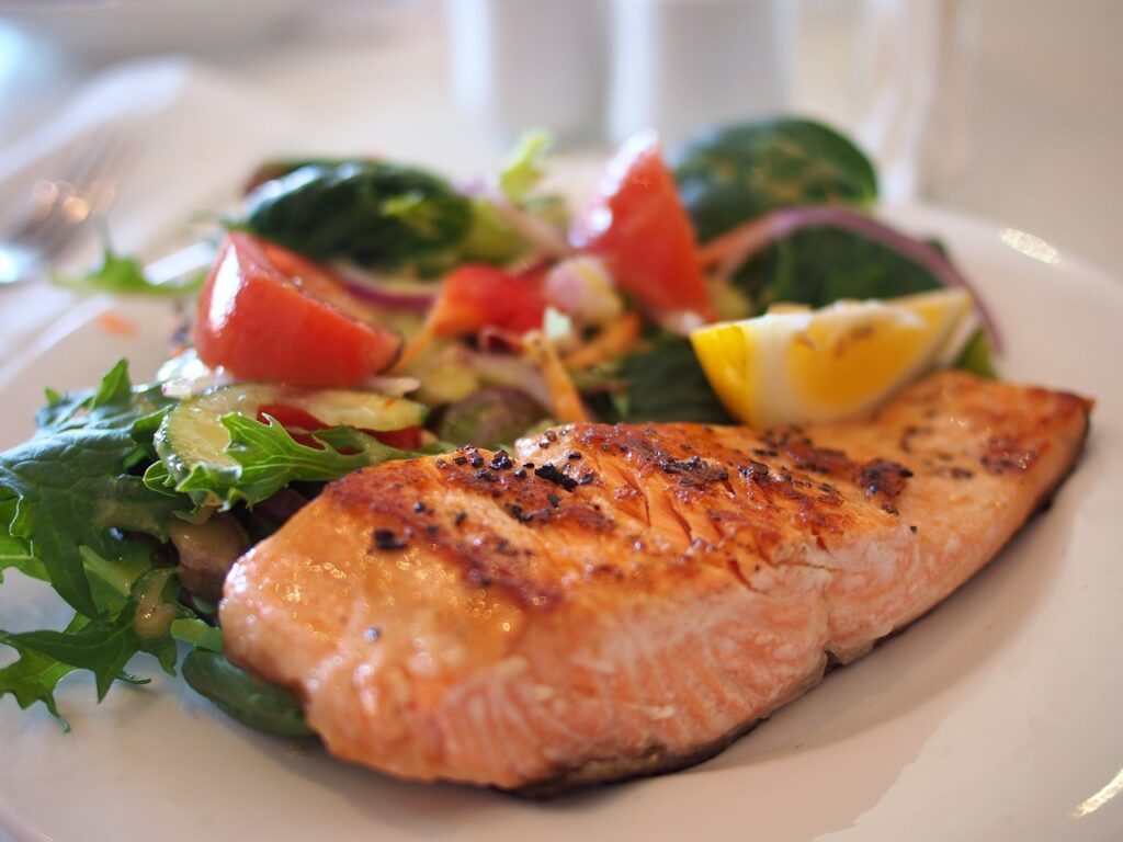 A plate of Grilled Salmon on a table