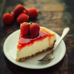 A slice of New York cheesecake on a plate with strawberries