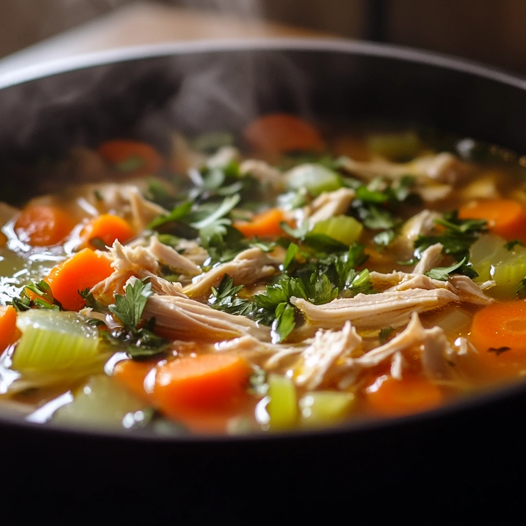 A bowl of Grandma's chicken soup in a cozy kitchen with fresh ingredients around.