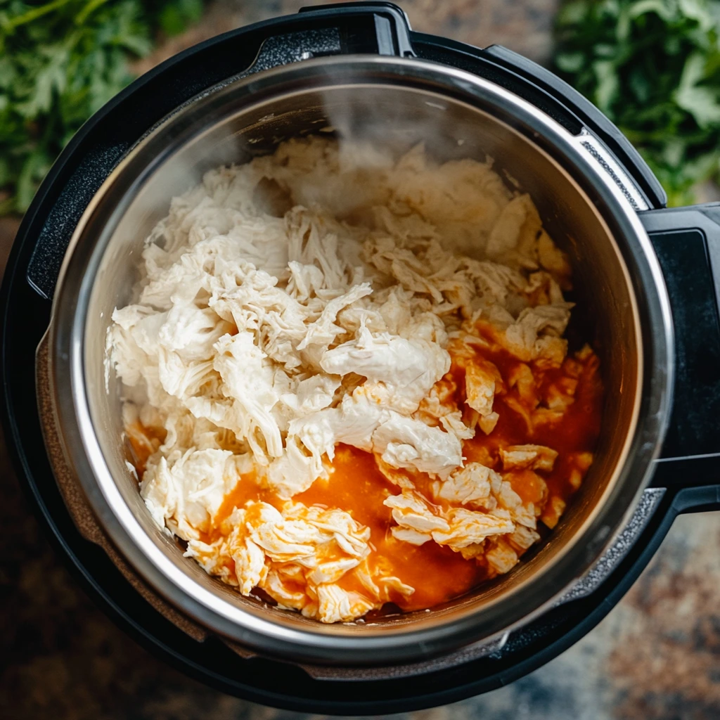 A close-up of an Instant Pot with steam releasing, surrounded by key ingredients for buffalo chicken dip