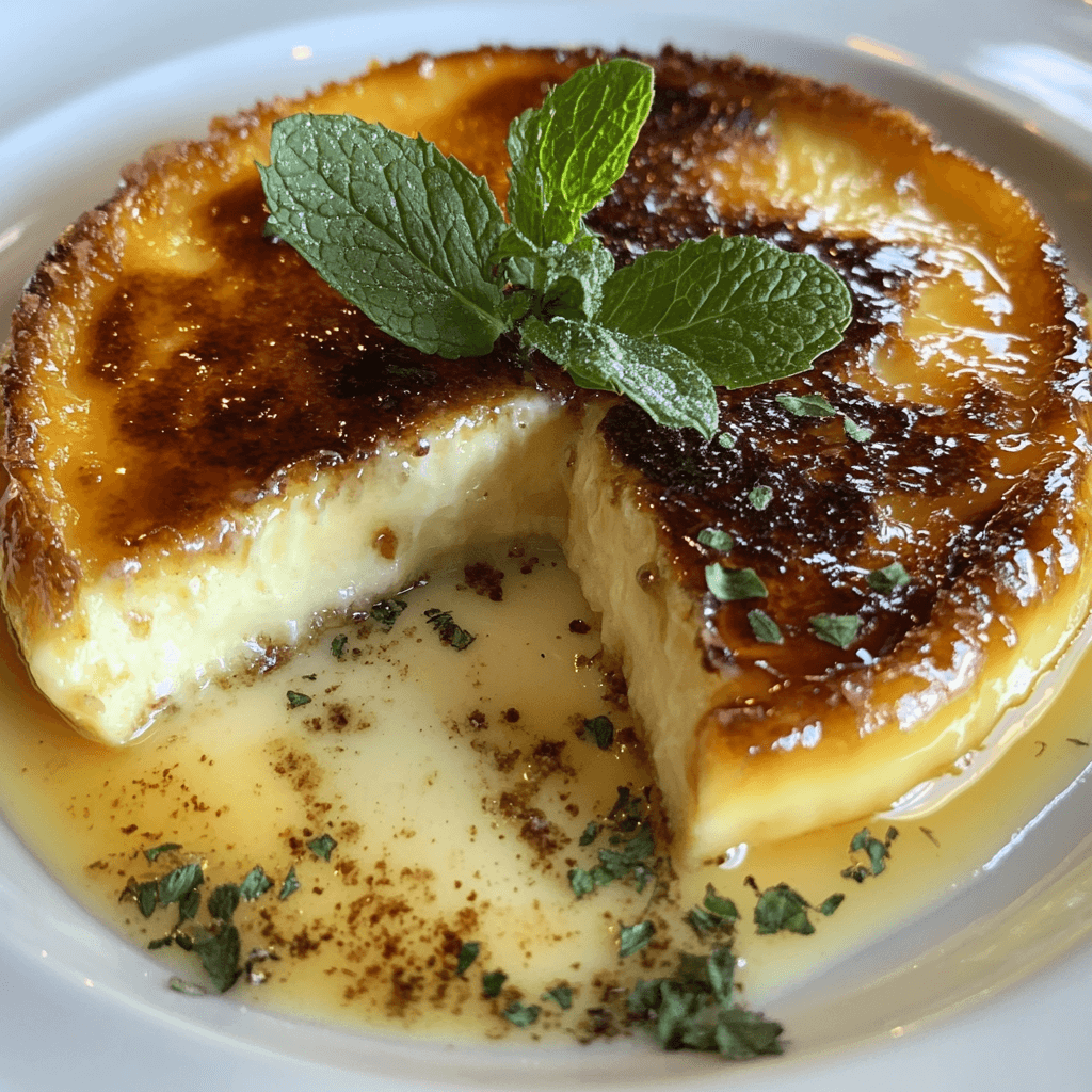 A classic crème brûlée with a caramelized sugar topping and creamy custard base, garnished with mint.