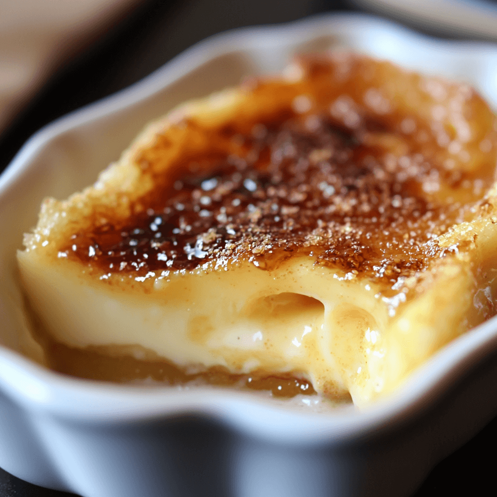 A cross-section of crème brûlée displaying its creamy base and caramelized sugar topping.