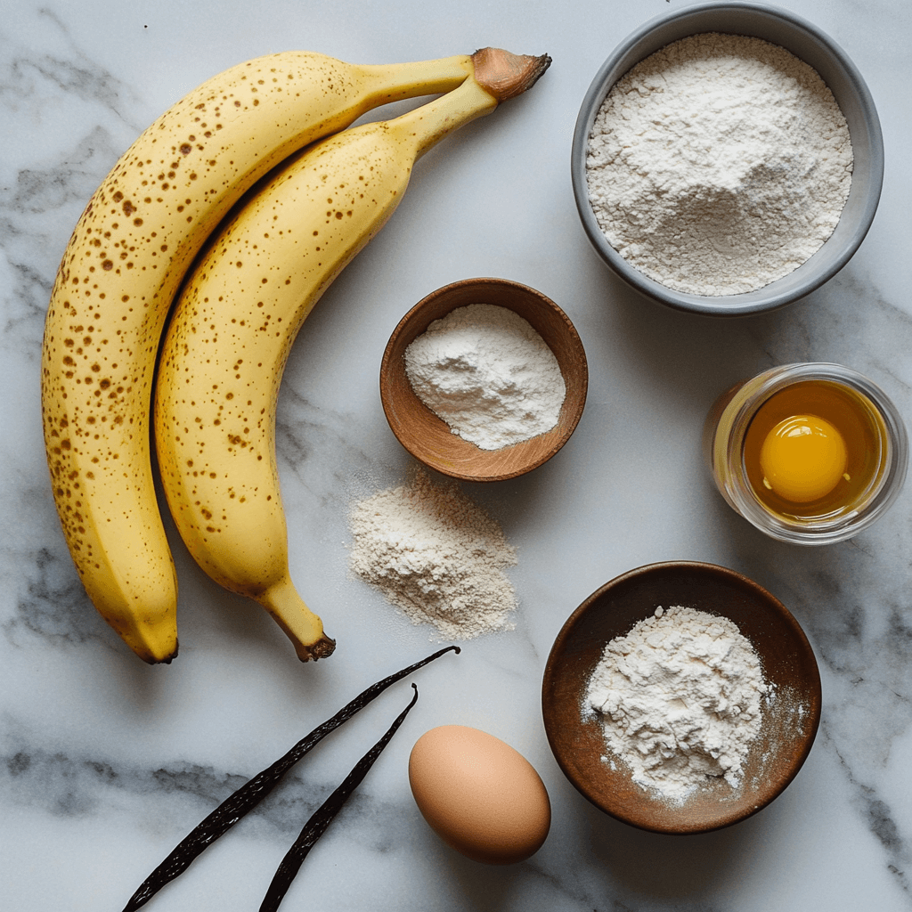 Flat lay of banana bread ingredients, including bananas, flour, eggs, sugar, and vanilla extract.