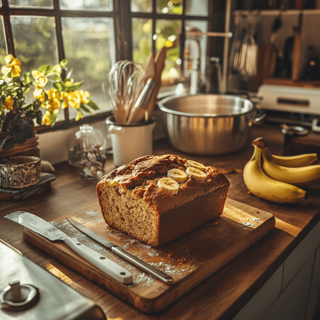 Banana Bread Recipe with Two Bananas Freshly baked banana bread next to ripe bananas and a mixing bowl.