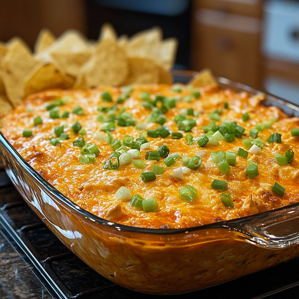 Bowl of creamy Buffalo chicken dip served with tortilla chips and vegetables.