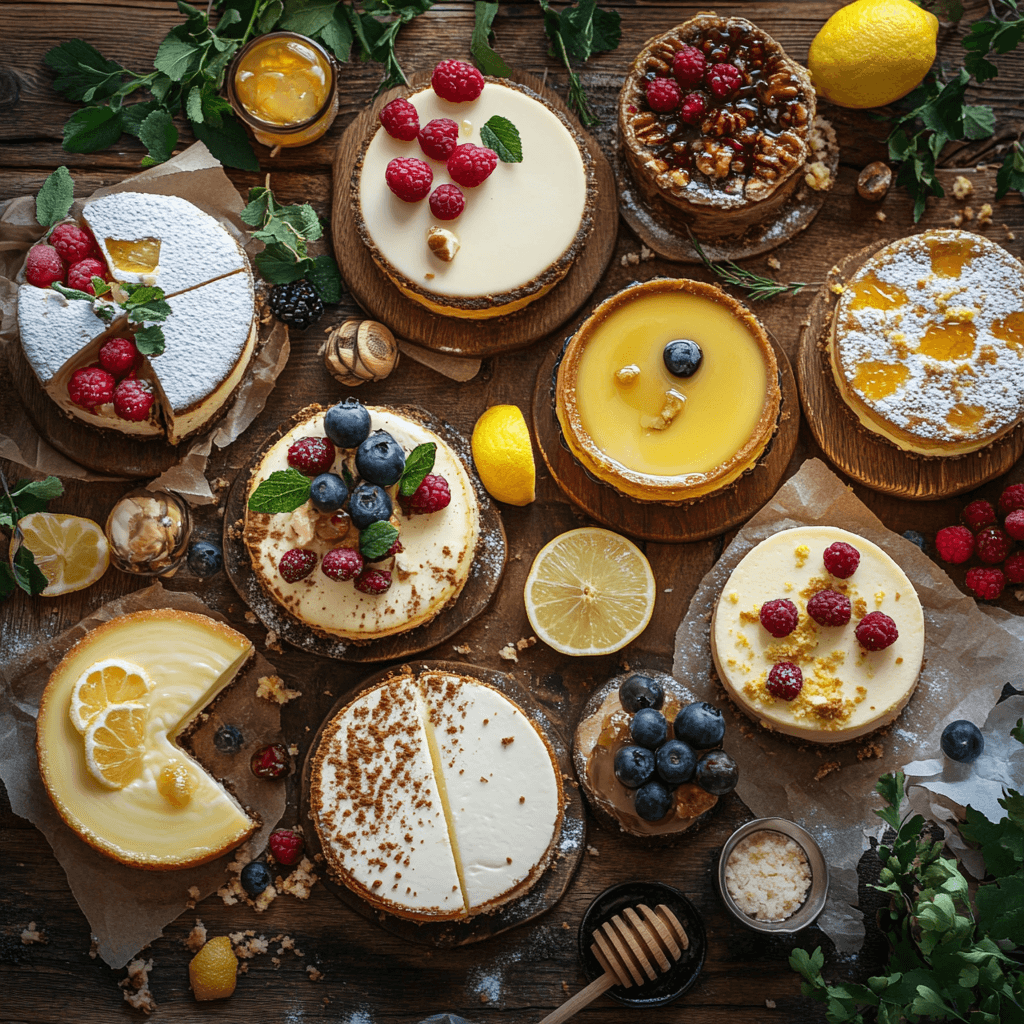 Variety of cheesecakes with different cheeses on display