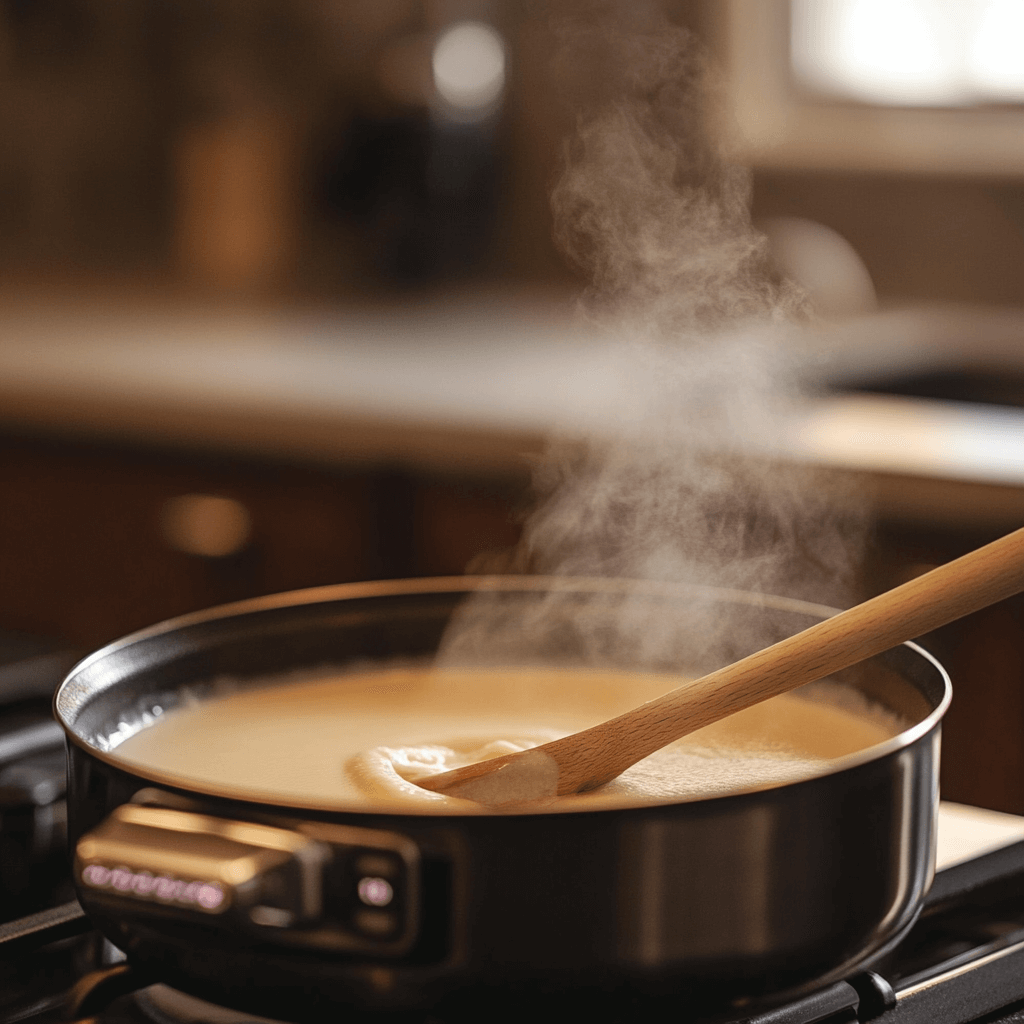 Stirred custard being prepared on a stovetop.