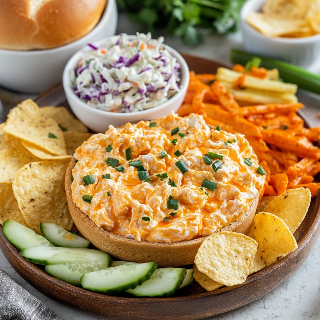 Buffalo chicken dip with chips, veggies, coleslaw, and a buffalo chicken sandwich