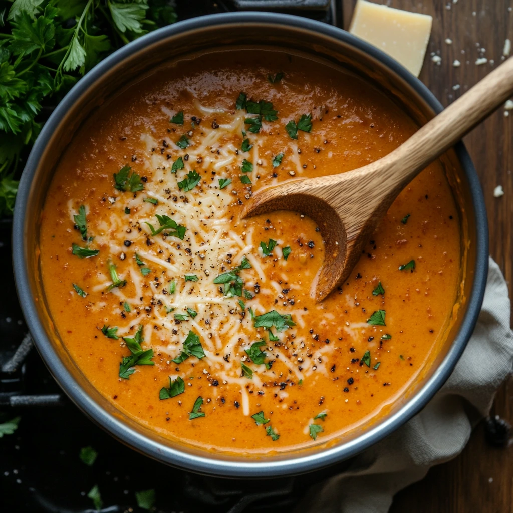 Roasted red pepper gouda soup simmering in a pot.