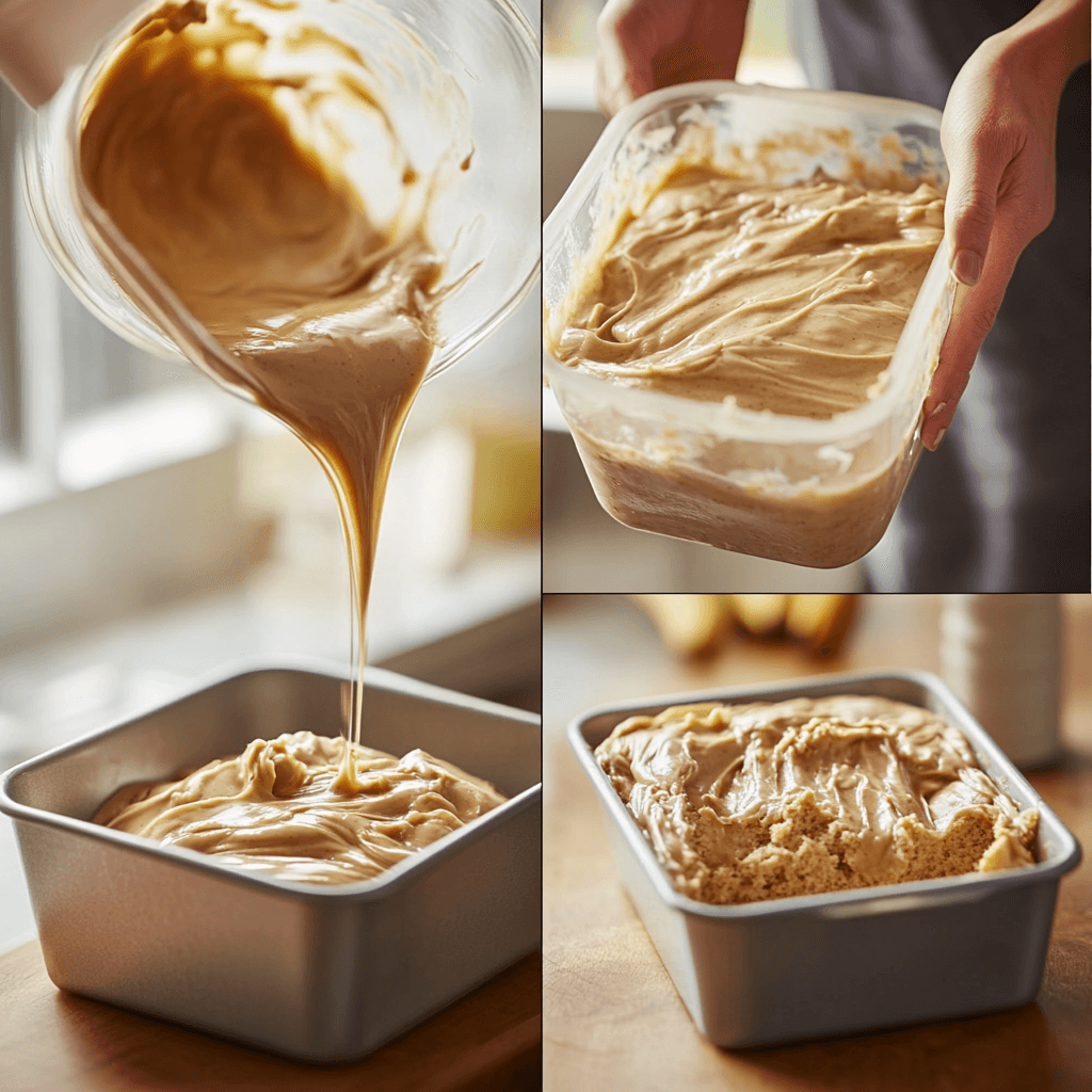 Steps of making banana bread, from mashing bananas to pouring batter into a loaf pan.