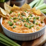 A steaming bowl of creamy buffalo chicken dip, garnished with chopped green onions, surrounded by dippers like tortilla chips and celery sticks.