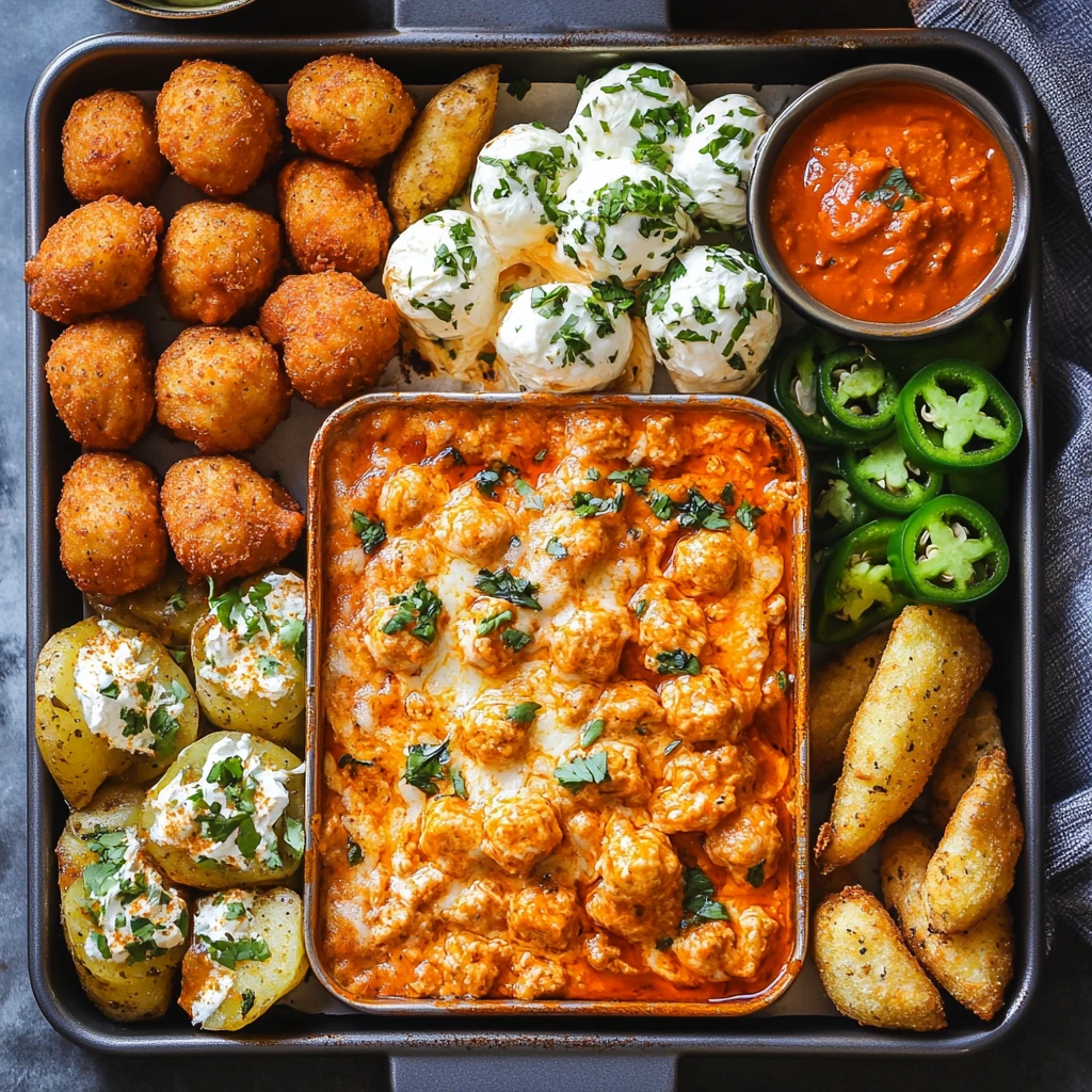 Buffalo chicken dip with meatballs, mozzarella sticks, stuffed jalapeños, and potato skins on a serving platter.