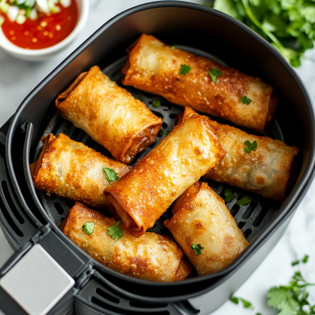 Air fryer filled with golden egg rolls alongside sauces and fresh herbs.