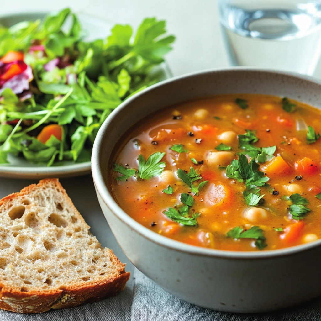 Chickarina soup served with bread and salad.