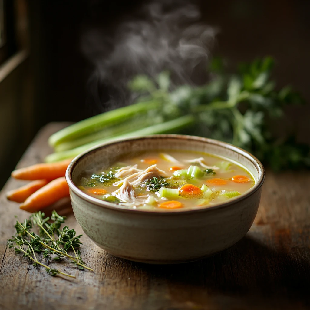 A steaming bowl of chicken soup surrounded by fresh ingredients.