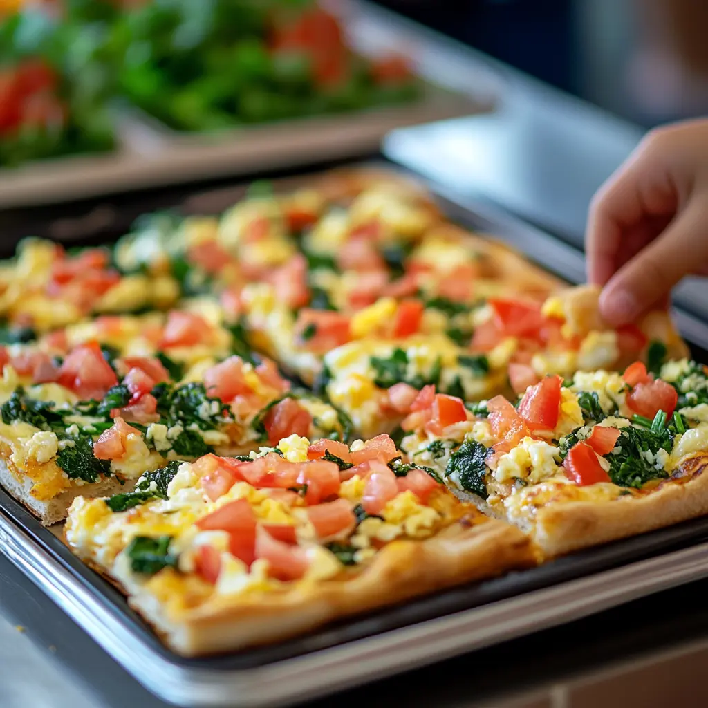 Freshly baked breakfast pizza with eggs, cheese, and vegetables served in a school cafeteria.