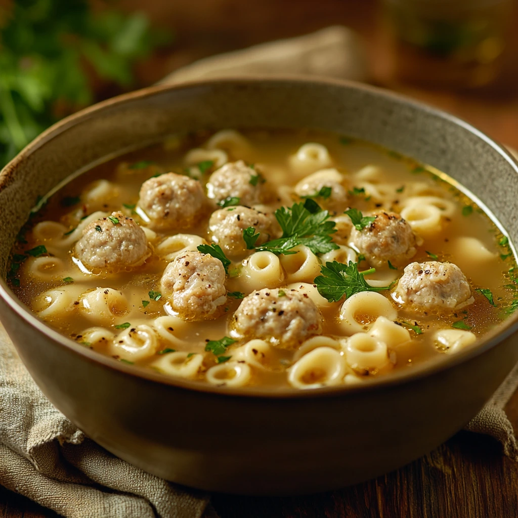 A warm bowl of Chickarina soup with chicken, meatballs, and tiny pasta garnished with parsley.