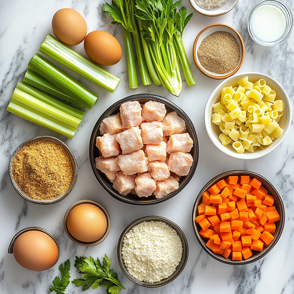 A flat lay of Chickarina soup ingredients, including chicken, vegetables, pasta, and meatball mix.