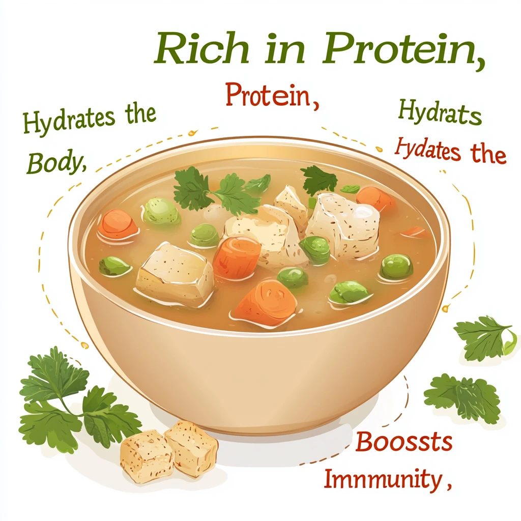 A chicken soup bowl with health benefits labeled.