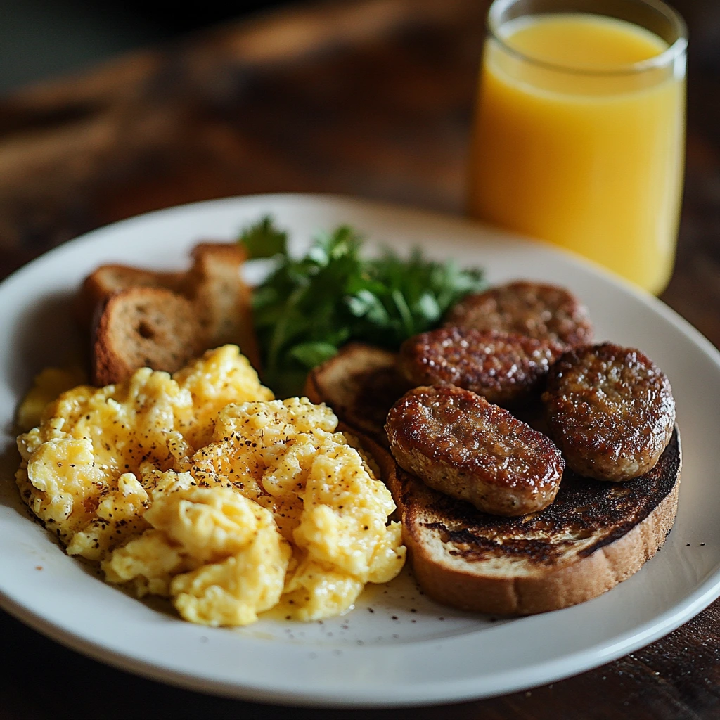 Breakfast plate with sausage.