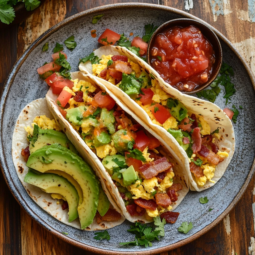 A vibrant plate of breakfast tacos with eggs, bacon, and fresh toppings.