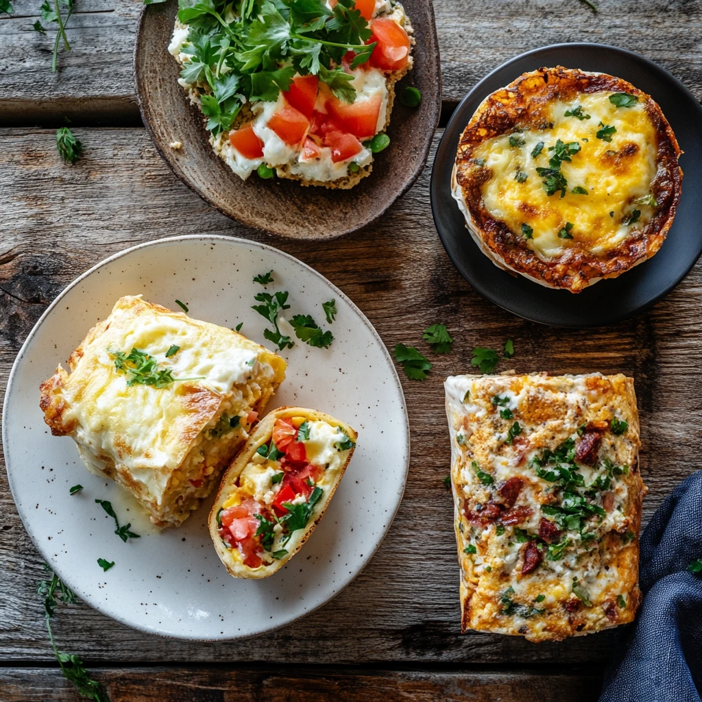 Variety of make-ahead egg breakfasts including muffins, casseroles, and burritos.