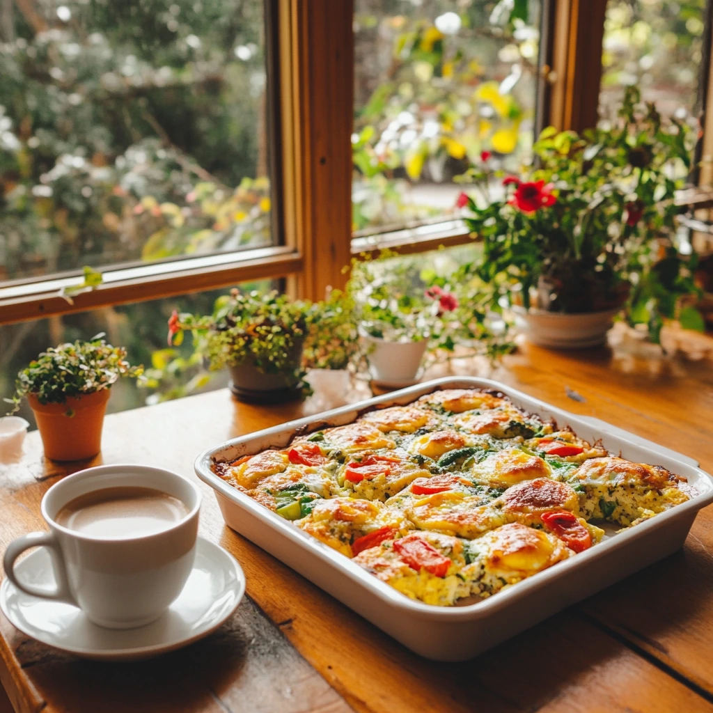 Breakfast table with egg muffins and baked egg casserole in soft morning light