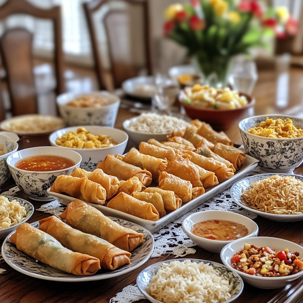 Air-fried egg rolls served with sauces and side dishes on a dining table.