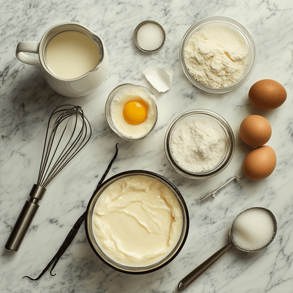 Ingredients and preparation process for crème brûlée.