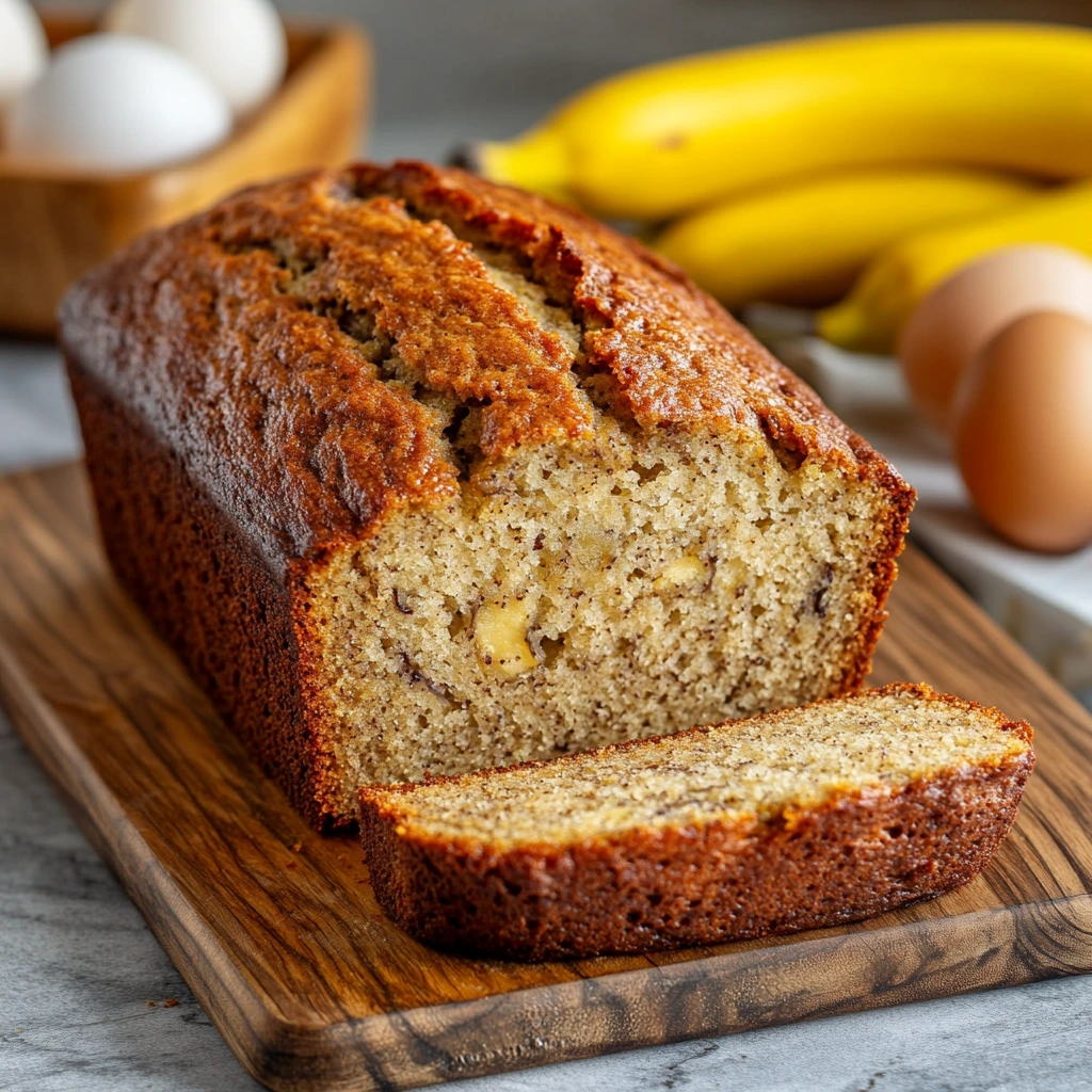 Freshly baked 3-ingredient banana bread loaf on a wooden cutting board.