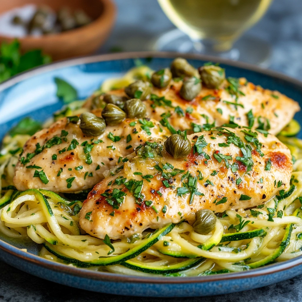 A gluten-free version of Chicken Piccata served with zucchini noodles.