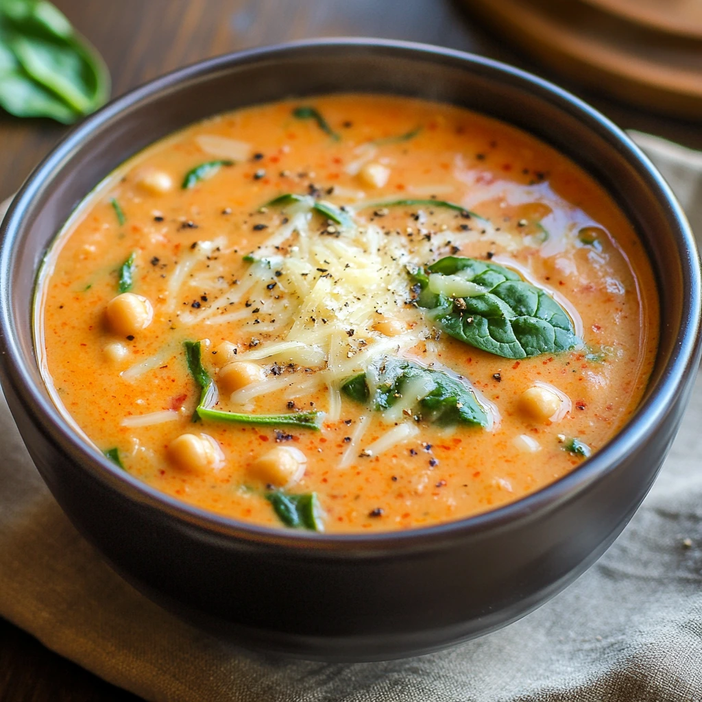 A healthier version of red pepper Gouda soup with added spinach and chickpeas.