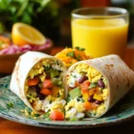 Healthy breakfast burrito surrounded by fresh ingredients.