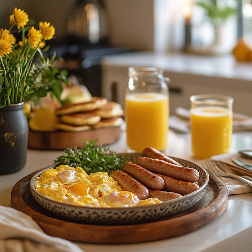 Breakfast table with Jimmy Dean sausages, eggs, and pancakes.