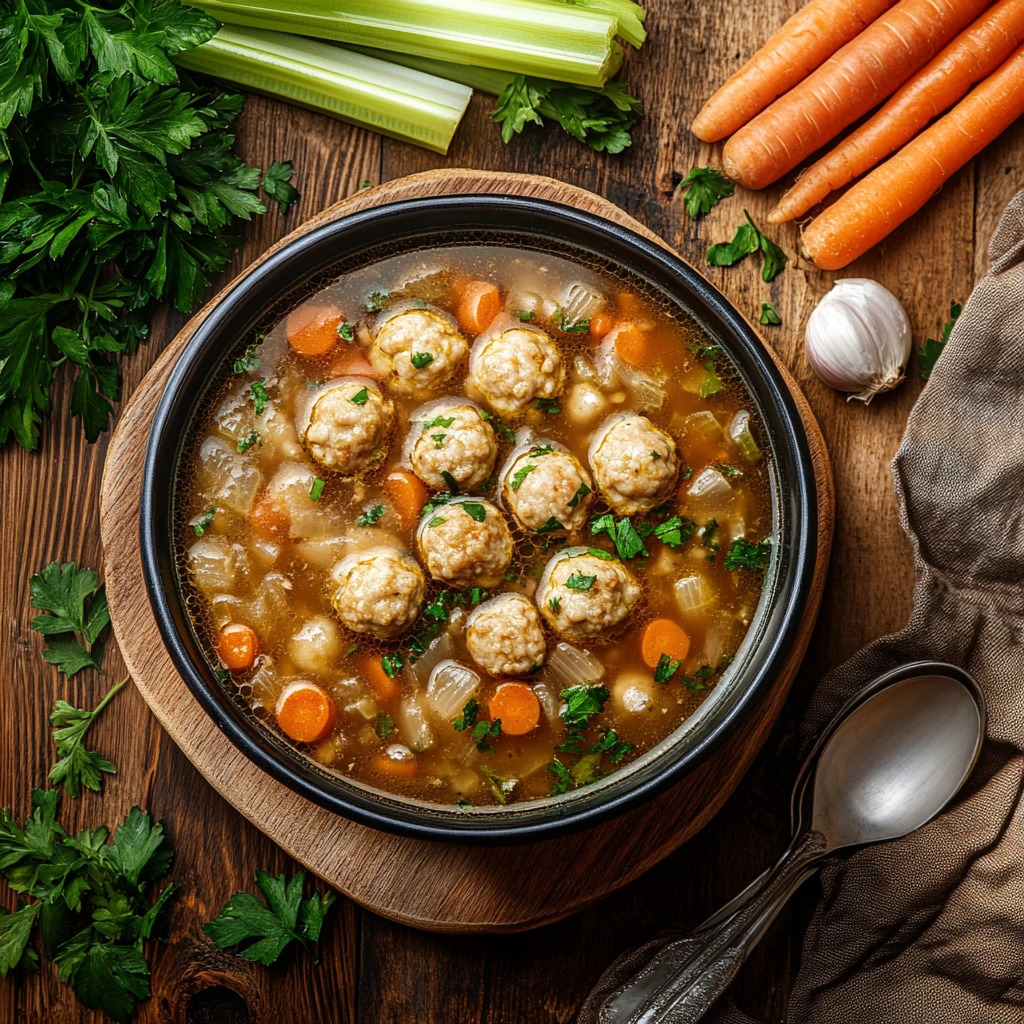 Bowl of Chickarina soup surrounded by fresh ingredients.