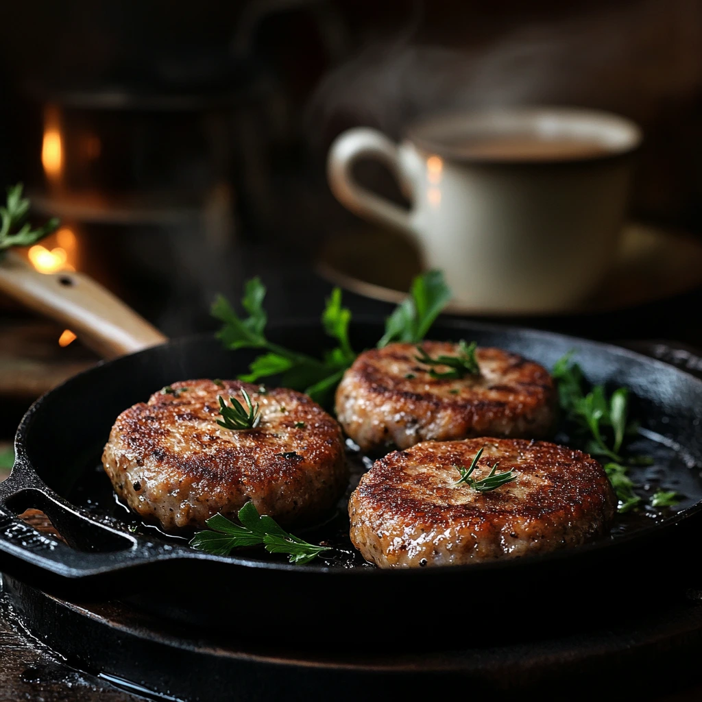 Freshly cooked sausage patties with coffee.