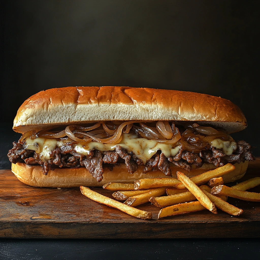 A classic Philly cheesesteak with melted cheese, thinly sliced beef, and toasted roll