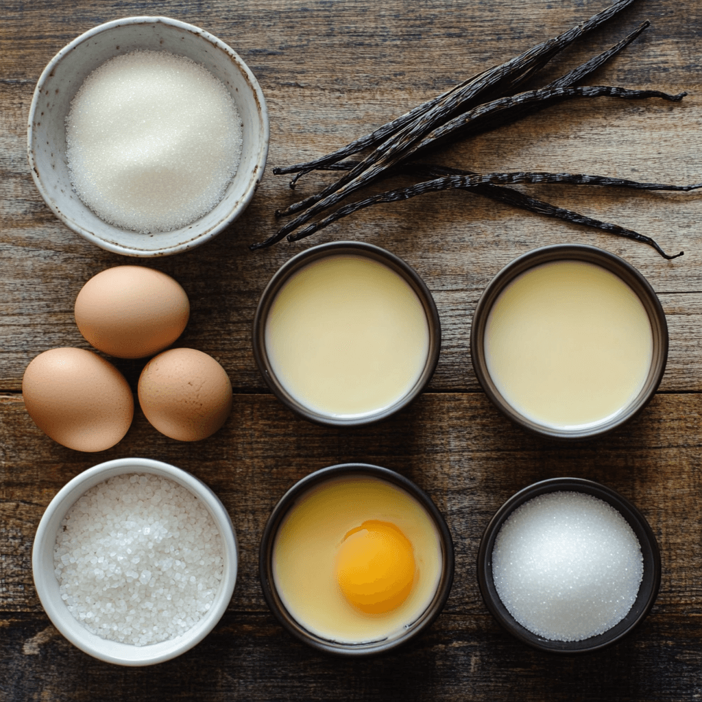 Heavy cream, egg yolks, sugar, vanilla beans, and ramekins displayed on a wooden countertop.