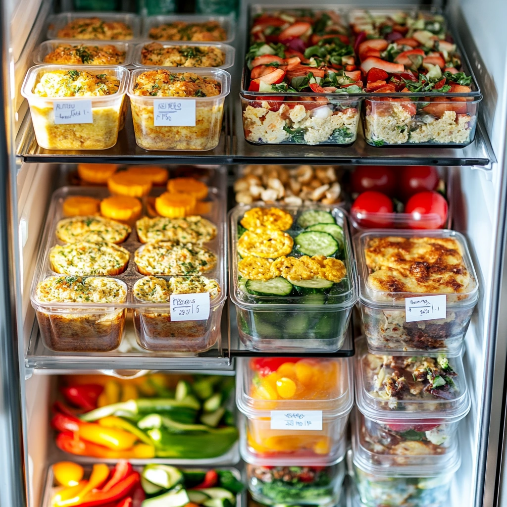 Meal-prepped egg breakfasts in a fridge with labeled containers