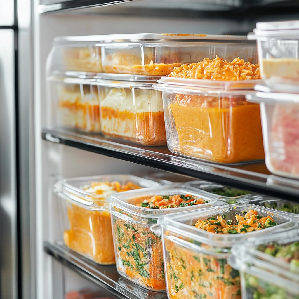 Frozen buffalo chicken dip labeled and organized in a freezer