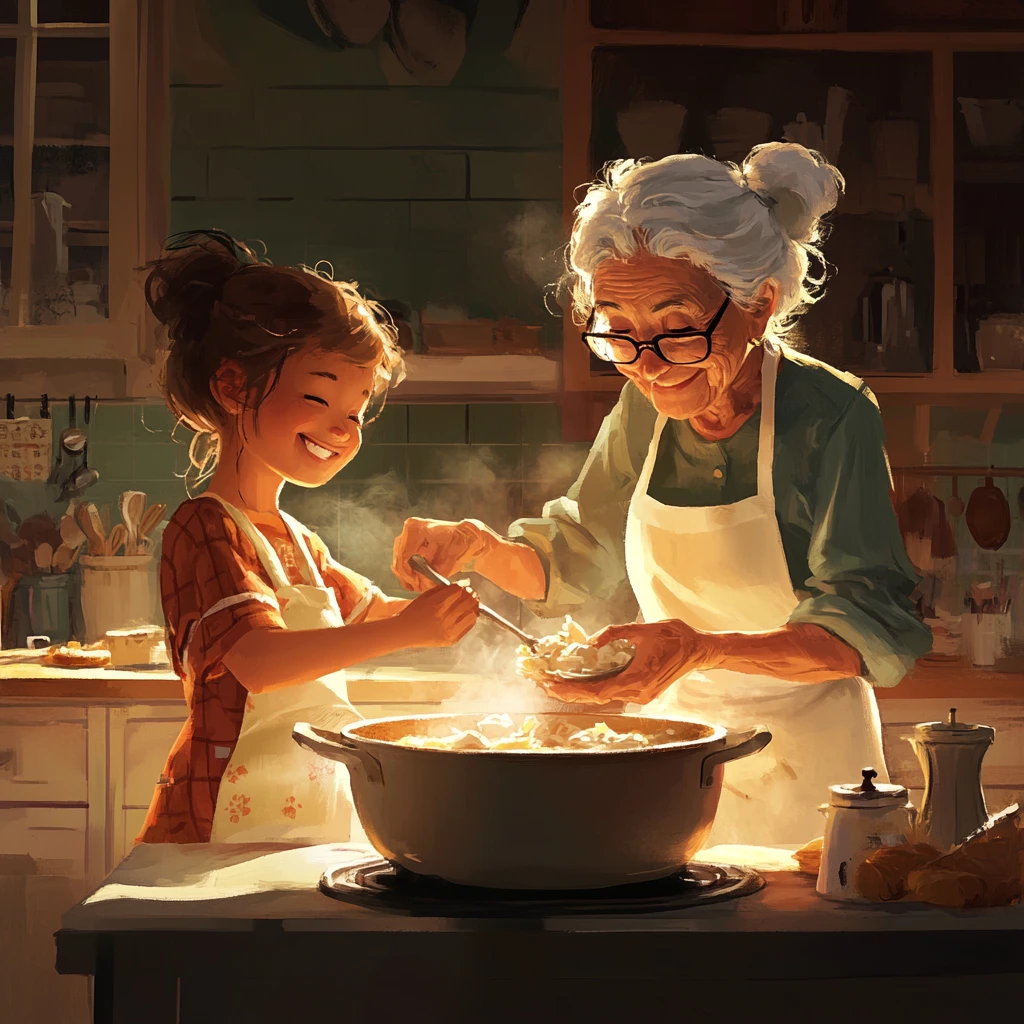 A grandmother and grandchild cooking chicken soup together.