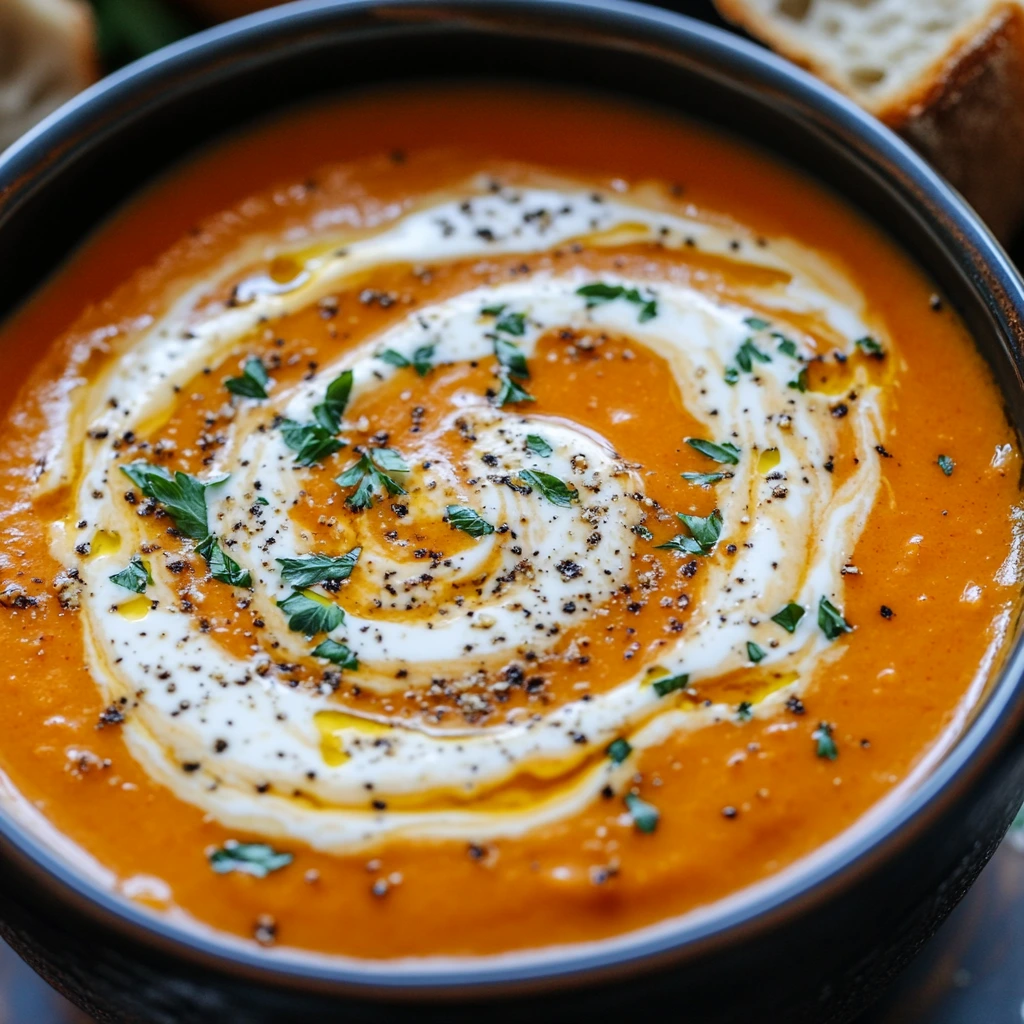 A hearty bowl of red pepper Gouda soup garnished with parsley, served with crusty bread for a balanced meal.