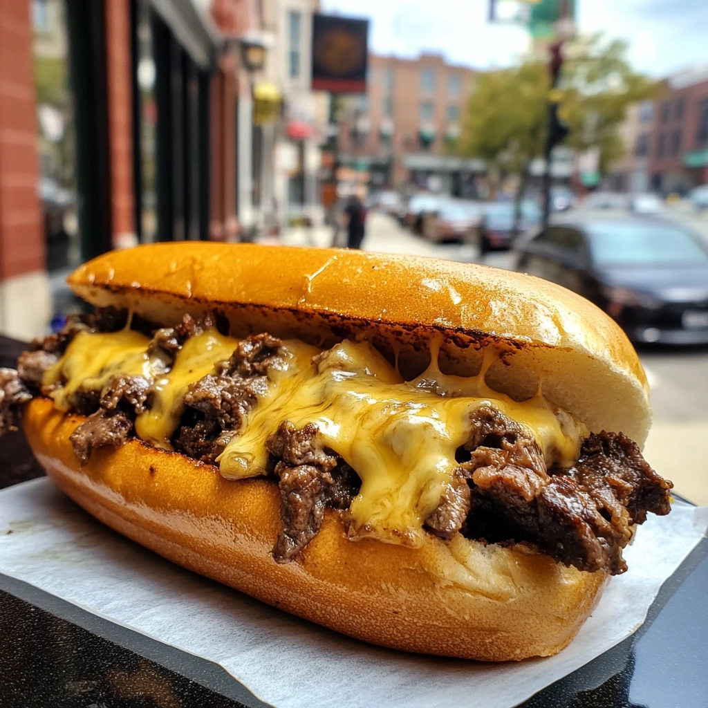 Philly cheesesteak sandwich on an Amoroso roll with melted cheese.