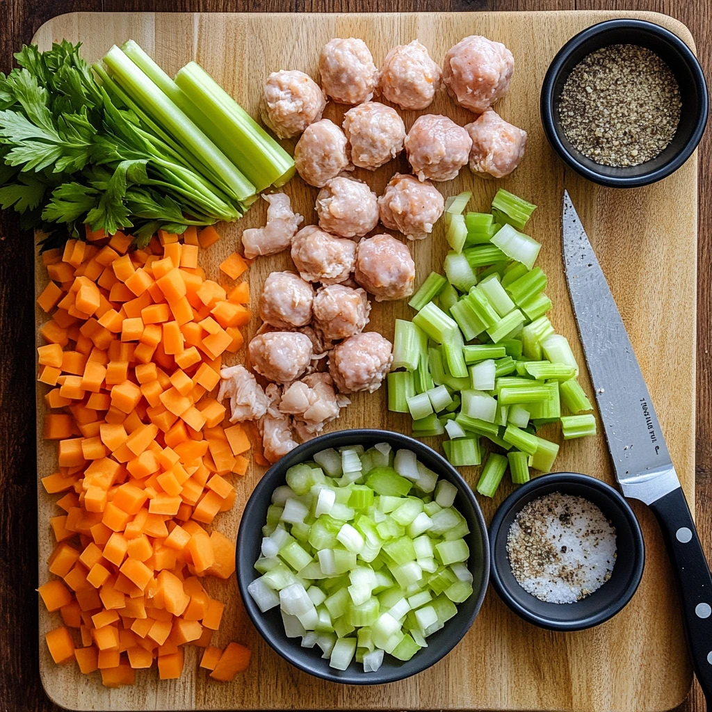 Ingredients for Chickarina soup on a cutting board.