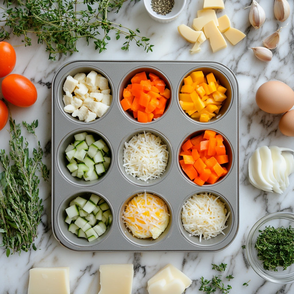 Raw egg mixtures in muffin tins surrounded by fresh ingredients on a kitchen counter